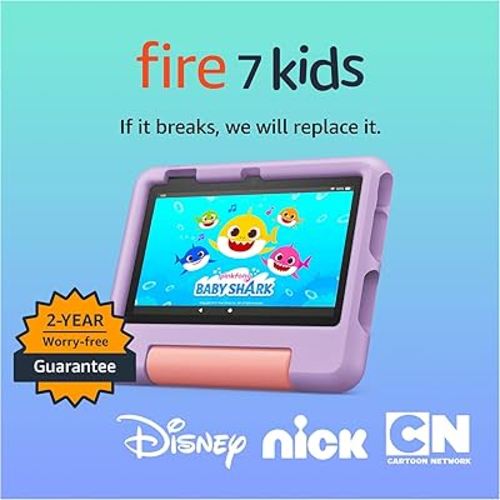 Amazon Fire 7 Kids tablet (newest model) ages 3-7. Top-selling 7" kids tablet on Amazon. Includes ad-free and exclusive content, easy parental controls, 10-hr battery, 16 GB, Purple