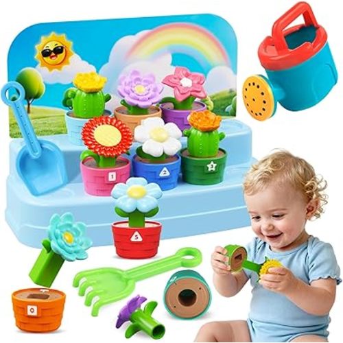 Montessori Toys for 1-2 year old, Toddlers Outdoor & Indoor Gardening Toys with Watering Can, Shovel, Rake, Color & Shape Sorting Educational Learning Toys Easter Gift for Girls Boys Age 1 2 3 4
