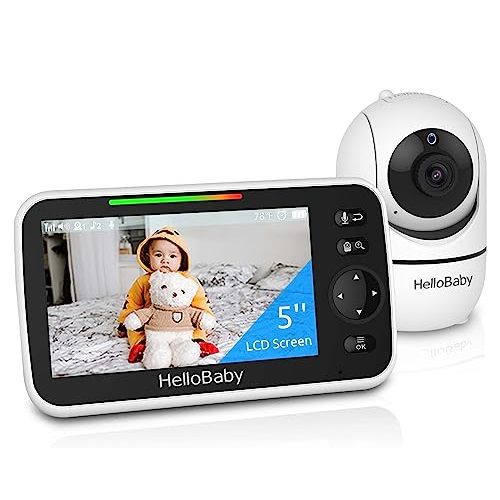 HelloBaby Monitor, 5''Display with 30-Hour Battery, Pan-Tilt-Zoom Video Baby Monitor with Camera and Audio, Night Vision, 2-Way Talk, Temperature, 8 Lullabies and 1000ft Range No WiFi, Ideal for Gifts