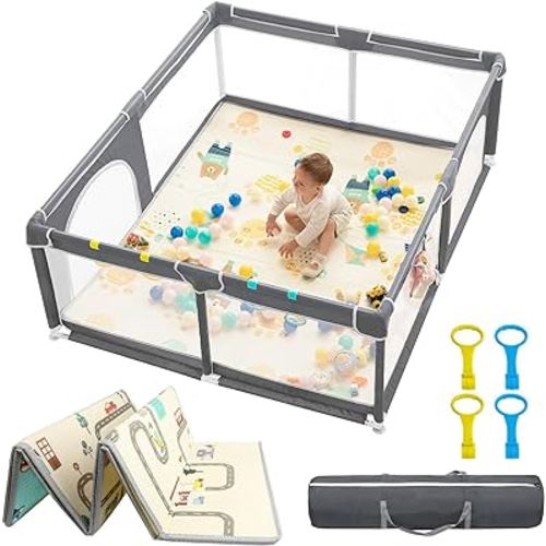 Baby Playpen with Mat 71" X 59", Extra Large Play Yard for Babies and Toddlers with Mat, Safety Baby Fence, Indoor & Outdoor Kids Activity Play Center with Anti-Slip Suckers and Zipper Gate(Grey)