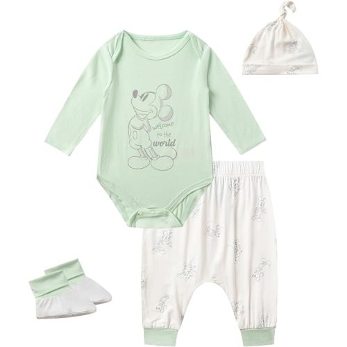 Disney Mickey Mouse Baby Boys Clothing Outfit Set Bodysuit with Booties, Hat, and Pants 4 Piece Set for Infant