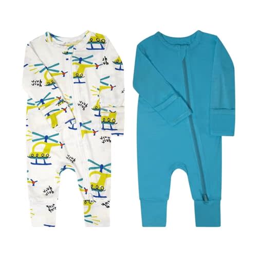 Teach Leanbh Baby Boys Girls 2 Pack Bamboo Viscose Pajamas with Mitten Cuffs 2 Way Zipper Long Sleeve Romper Sleep and Play