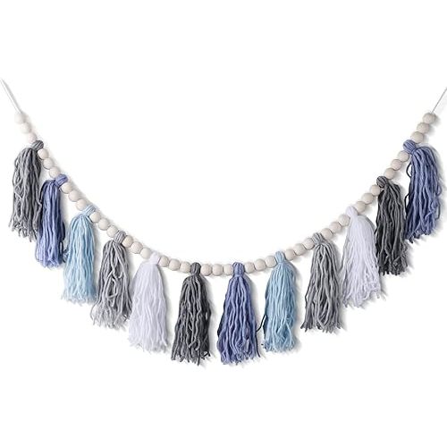 Blue Tassel Garland with Wood Beads Boho Cotton Tassel Banner Wall Hangings Decor,Birthday Christmas Party Decor,Bedroom, Nursery, Play Room, Dorm Room, Baby Shower, Classroom Party Room Decor (H)