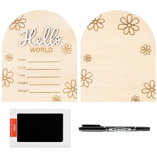 R HORSE Baby Birth Announcement Sign with Marker Pen, 3D Wooden Hello World Birth Sign with Ink Pad for Hand and Footprints, Double-Sided Daisy Newborn Name Announcement for Baby Shower Keepsakes