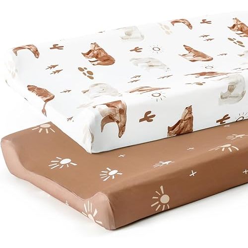 GRSSDER Stretch Ultra Soft Jersey Knit Changing Pad Cover Set 2 Pack, Change Table Pad Covers Fit 32"/34" x 16" Pads Safe and Snug, Cute Diaper Changing Pad Covers of Sunny Bear Print