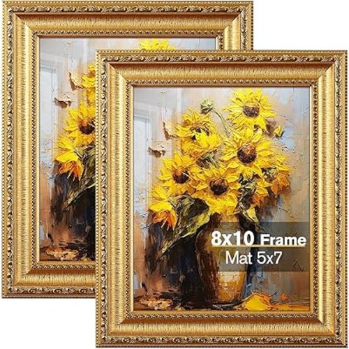 8x10 Gold Picture Frame, Photo Frame for Wall or Tabletop Display, 2 Pack Ornate Vintage Picture Frames with Real Glass, Display Poster 5x7 with Mat or 8x10 without Mat for Antique Déco