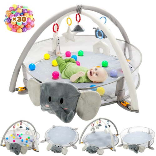 JoyStone 5 IN 1 Elephant Large Baby Gym Play Mat with 30 Balls, 5 Detachable Sound Toys, Baby Sensory Mat for for Toddler Infant 0-12 Months, Newborn Gift for Boys and Girls, Gray