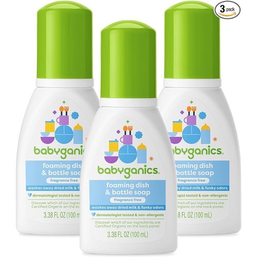 Babyganics Foaming Dish & Bottle Soap for Travel, Fragrance Free, Plant-Derived Cleaning Power, Removes Dried Milk, Packaging May Vary, 3.38 Fl Oz (Pack of 3)