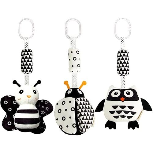KAKIBLIN Baby Hanging Toy,3 Pack Black and White Baby Toys for 3 6 9 12 Months, High Contrast Hanging Toys,Plush Soft Stroller Rattles Toys for Boys and Girls(21CM, Ladybug,Bee & Owl)