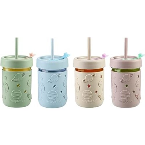 PandaEar 4 Pack Kids & Toddler Glass Cups, Glass Mason Jar Cups 8.45 oz with Silicone Sleeves & Straws, Toddler Spill-Proof Smoothie Cups
