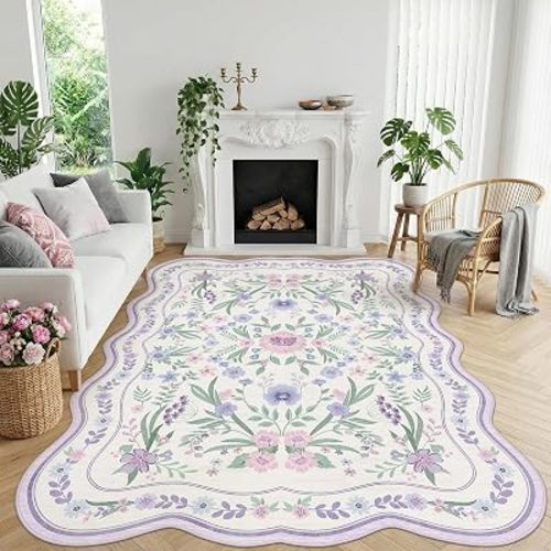 Scalloped Floral Rug 7x9, Purple Lavender Washable Non Slip Area Rug for Girls Bedroom, Soft Low Pile Cottagecore Rug for Nursery, Dorm, Living Room