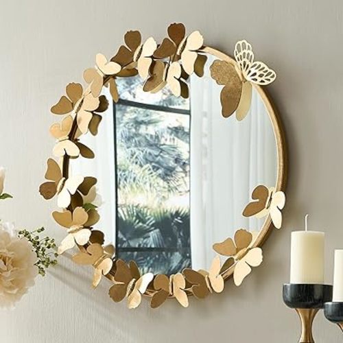 Gold Round Bathroom Mirror, 23.5inch Butterfly Metal Frame Decorative Wall Mirror Brushed Gold Ornate Vanity Mirror for Living Room,Nursery,Bedroom Entry Way (Brushed Golden)