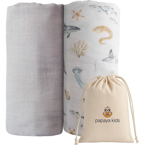 Muslin Swaddle Blankets for Newborn Boys – Light Blue & Sea Animal Print, Soft Bamboo Viscose & Cotton Muslin, Baby Essentials Swaddle Set with Gift Bag, Receiving Blanket, 2-Pack