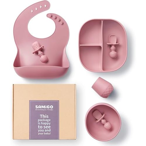SAMiGO Silicone Baby Feeding Set, Baby Led Weaning Supplies, Suction Bowl Plate Bib Cup Self Feeding Spoons, Solid Food Eating Essentials, First Stage Utensils, 6+ Months