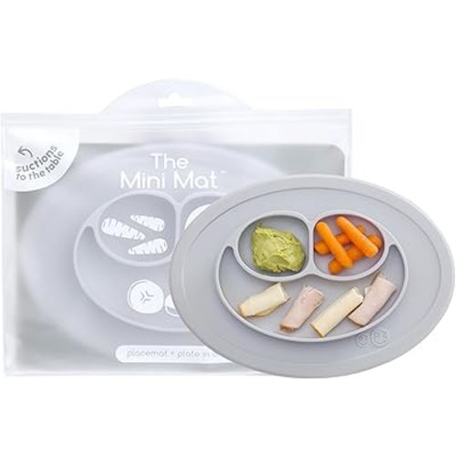 ezpz Mini Mat for 12 Months+ (Pewter) - 100% Silicone Baby Plates with Suction and Built-in Placemat for Infants + Toddlers - Weaning by Baby - for Highchair, Dining Table and Travel