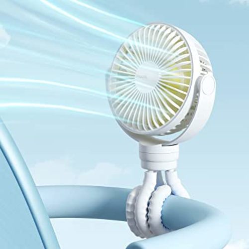 JISULIFE Mini Stroller Fan Clip-on for Baby, 4000mAh Portable Battery Operated or USB Rechargeable Fan with 4 Speeds, 360°Rotatable and Flexible Tripod for Handheld/Desk/Car Seat - Starlight White