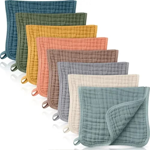 8 Packs Muslin Burp Cloths 6 Layers Unisex Baby Items Absorbent Burp Rags Colorful Muslin Washcloths for Baby Plain Soft Cotton Cloth for Babies Girls Boys, 10 x 20 Inch (Beautiful Colors)