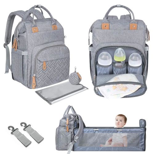 Diaper Bag Backpack with Changing Station, Pacifier Case and Stroller Straps, Soft Changing Pad, Large Capacity, Multifunctional Pockets, Stylish Style for Mom and Dad, Gray