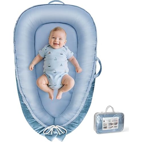Baby Lounger - Baby Lounger for Newborn 0-24 Months, Breathable & Soft Cotton and Velvet Cover Baby Nest, Portable Cozy Infant Lounger for Home and Travel, Ideal Baby Essentials & Shower Gifts