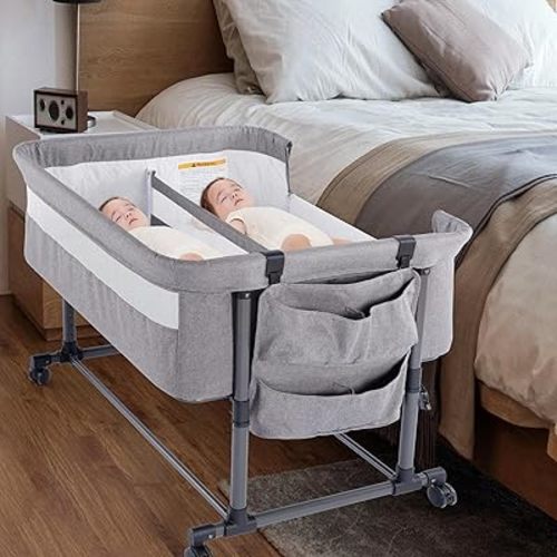 MTWML Twin Bassinet for 2 Babies,Portable Twins Crib with Storage Bag and Replaceable Mattress Cover,Adjustable Height Double Bedside Crib Attaches to Bed with Strap for 0-6 Months (Deep Grey)