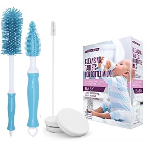 Blue (3) Baby Bottle Silicone Brushes and (30 Pack) Baby Milk Bottle Cleaning Tablets, Water Bottle Tumbler Cleaner