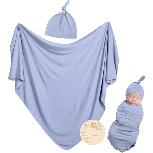 Rayon Made from Bamboo Newborn Swaddle Blanket Set with Matching Beanie, Super Soft Stretchy Baby Clothes Outfit for Girl Boy, Receiving Blankets Newborn Essentials, 35 x 35 Inch