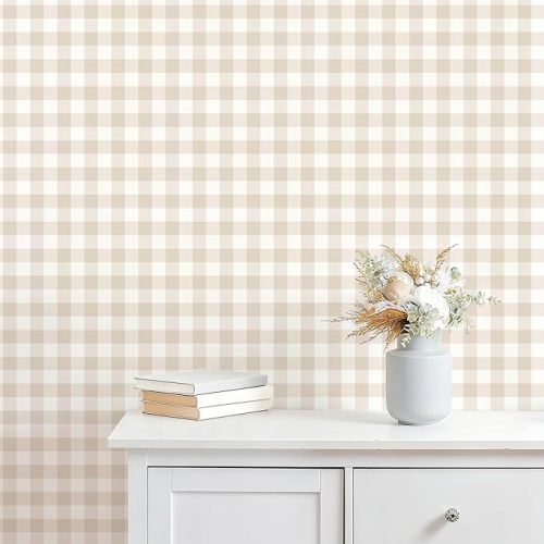 Plaid Peel and Stick Wallpaper, Beige, 17.7 x 78.7 in
