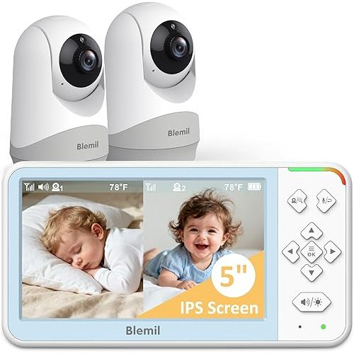 Blemil 5" Split Screen Baby Monitor with 2 Cameras, Video Baby Monitor No WiFi, No APP, 4000mAh Battery, Remote Pan/Tilt/Zoom Camera, 2-Way Talk, Night Vision, 1000ft Range, Temperature
