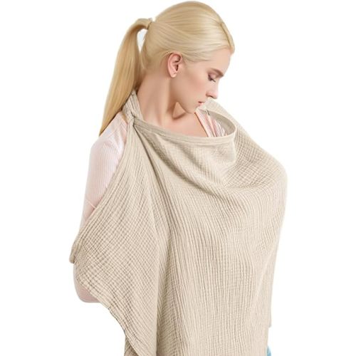Muslin Nursing Cover for Breastfeeding, Breathable Privacy Nursing Covers with Arch Neckline for Hands-Free View, Soft Cotton Multi-use Adjustable Nursing Apron Cover | Carseat Cover (Summer Wheat)
