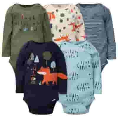 Gerber Baby Boy Long Sleeve Bodysuits, Wildly Cute Fox, Newborn - 24 Months, 5-Pack