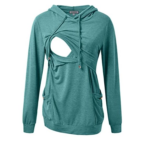GINKANA Womens Nursing Hoodie Top Sweatshirt Long Sleeve Button Decoration Pockets Shirts Tunic Top