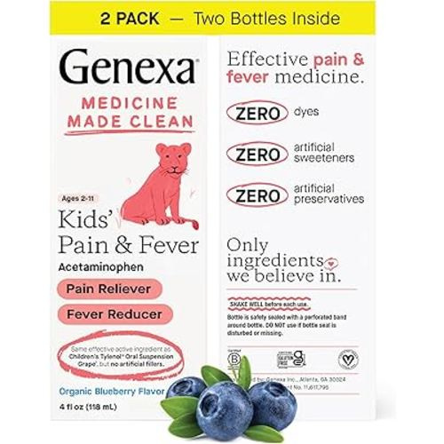 Genexa Kids’ Pain and Fever Reducer | Childrens Acetaminophen, Dye Free, Liquid Oral Suspension Medicine for Kids 2-11 | Delicious Organic Blueberry Flavor | 160 mg per 5mL | 8 Fluid Ounces (2 Pack)