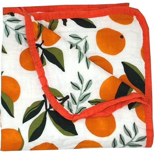 Organic Cotton Muslin Stroller Blanket - 4 Layers Muslin Cotton Orange Print Blanket