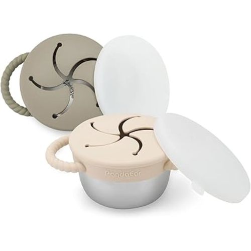 PandaEar 2 Pack Stainless Steel Toddler Snack Cups, Spill Proof Snack Containers with Silicone Food Catcher & Handles, 9 oz Baby Snack Cup with Travel Lid, Dishwasher Safe Snack Holder for Kids