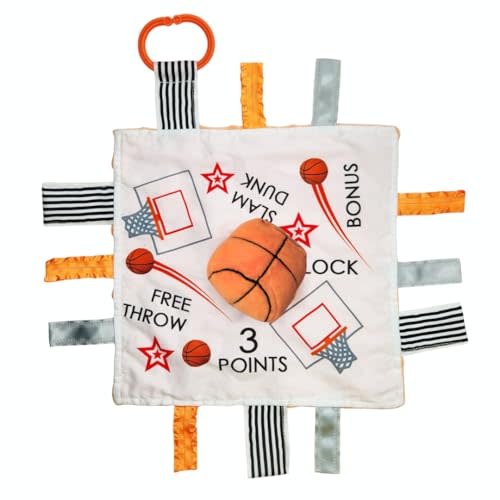 Baby Jack & Co 10x10” Basketball Sports Lovey Sensory Plush Blanket - Tag Toy for Developing Sense of Touch - Travel Stroller Toy w/BPA Free Clip - Learn Shapes, Letters & Colors - Sports Gift