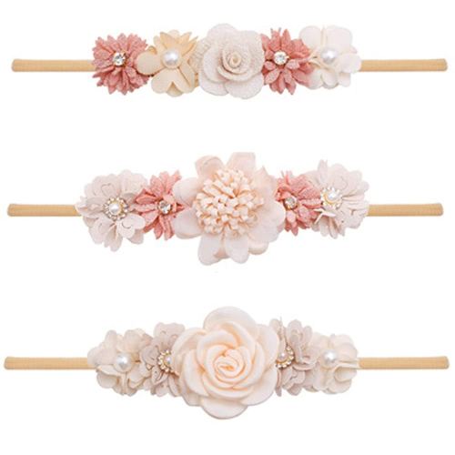 FGSS Floral-Headbands Flower-Crown for Baby Girls Elastic Nylon Hairbands for Newborn Infant Toddler Hair Accessories Pack of 3