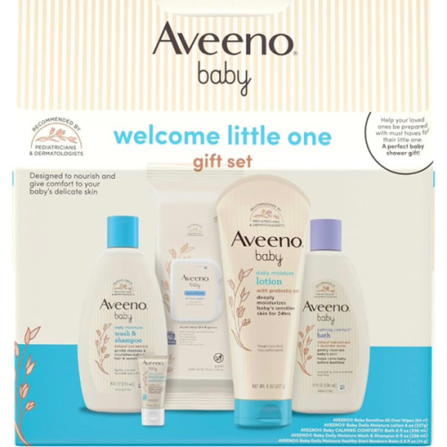 Aveeno Baby Welcome Little One Gift Set, Skincare Set with Nourishing Body Wash & Shampoo, Calming Bath Wash, All Over Wipes, Daily Moisturizing Lotion, & Balm, 5 Items