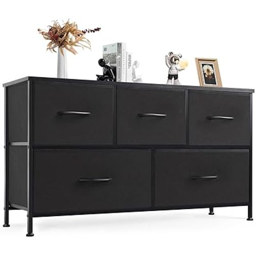 DUMOS Dresser for Bedroom, 5 Storage Drawers, Wide Fabric Closet Chests Organizer Tower Furniture with Wooden Top Metal Frame for Clothes, Guest Room, Living Room, Hallway, Entryway