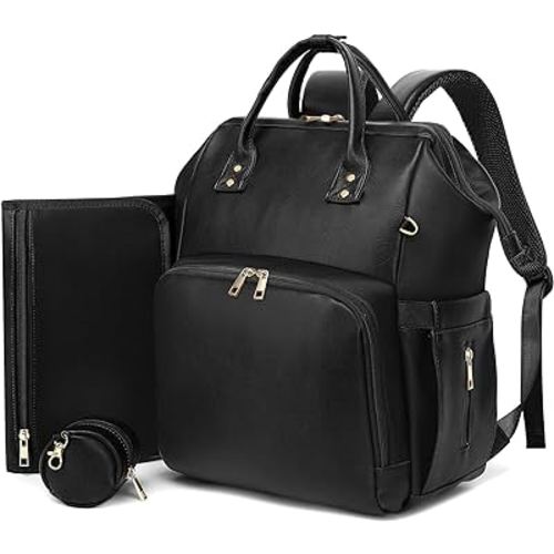 Diaper Bag Backpack - Vegan Leather, Waterproof Travel Baby Bag with Changing Pad, Pacifier Case, Theft Pocket, 35L Large, Baby Shower Gifts for Mom and Dad, Black