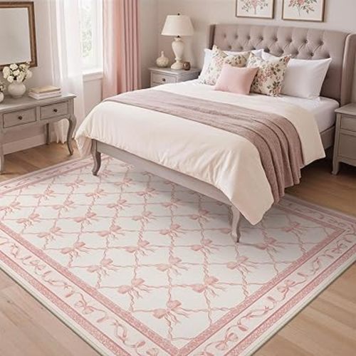 GENIMO 8X10 Area Rugs for Living Room Bedroom, Machine Washable Non Slip Flower Bow Rug, Low Pile Soft Cute Floral Rug for Dining Room Girls Room Nursery Room and Playroom, Pink Bow