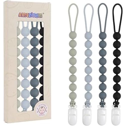 One Piece Design Silicone Pacifier Clip Holder for Baby Boys and Girls,Flexible Pacifier Leashes,Soft Teether Clip for Newborns,4-Pack. (Gray)