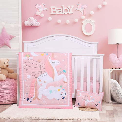 JISEN 3-Piece Pink Unicorn Crib Bedding Set -Microfiber Quilt, Sheet, and Pillowcase for Baby Girls
