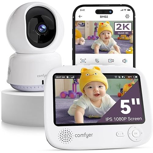 4 Split-Screen Smart 1080p Baby Monitor with 2K Camera and Audio, Hybrid 2.4G Wi-Fi & No Wi-Fi Connection, Night Vision, Motion Detection, Free Smart Phone App, Works with iOS, Android