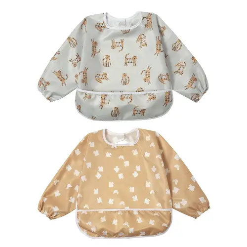 Little Dimsum Mess-Proof Baby Bibs|Infant Toddler Long Sleeve Waterproof Feeding Art Smock|Catching Food & Wipe Clean| Pack of 2 Colors(tiger&pigeon)