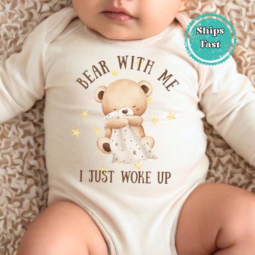 Funny Bear Baby Onesie® Brand Bodysuit | Bear With Me I Just Woke Up Watercolor Bear Bodysuit | Cute Woodland Animal Baby Shower Gift