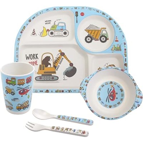 Kids Feeding Set 5 Pcs, Tableware Set for Toddlers Includes Plate Bowl Cup Fork and Spoon Utensil Flatware, Kids Flatware Set Dishwasher Safe, BPA Free (Construction)