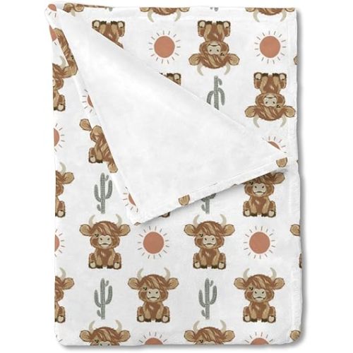 HawSkgFub Highland Cow Boho Cactus Sun Baby Blanket Boy Girl Gift Neutral, Western Hyland Cattle Flannel Fleece Nursery Bed Blankets, Soft Lightweight Newborn Infant Toddler Kids Crib Bedding 30 x 40