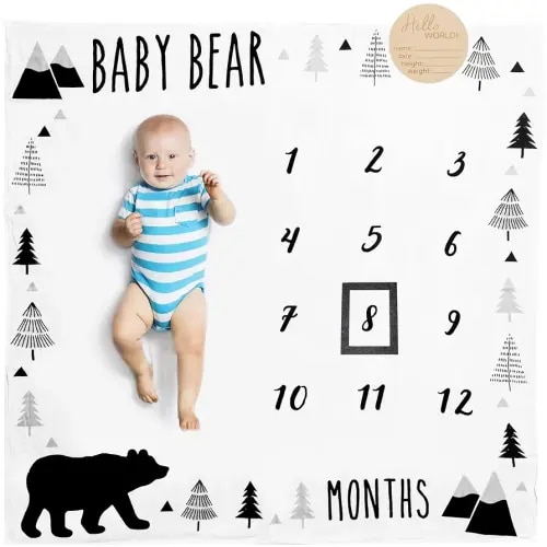 Organic Baby Monthly Milestone Blanket Boy - Baby Bear Blanket Months with Frame and Newborn Announcement Disc - Baby Boy Age Blanket for 1-12 Month Milestones, 47”x47”