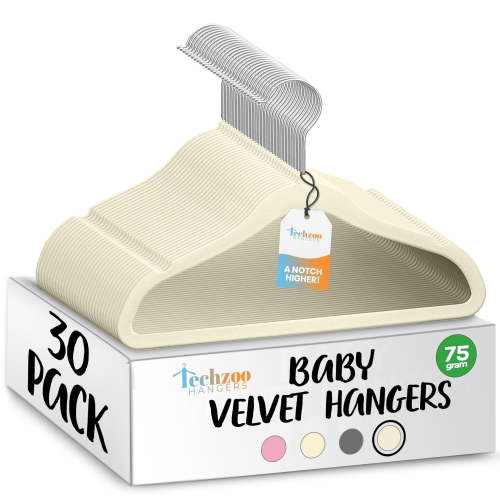 Techzoo Premium Baby Velvet Hangers 30 Pack – 11.8" Non Slip Felt Cloth Hangers for Closet – Ultra Slim, Space Saving Baby Clothes Hangers with 360° Swivel Hook Infant Hangers – Ivory