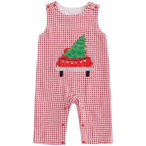 KMBANGI Baby Boy Girl Christmas Overall Romper Plaid Sleeveless Santa Clause/Tree Print Jumpsuit One-piece Outfit Fall Winter